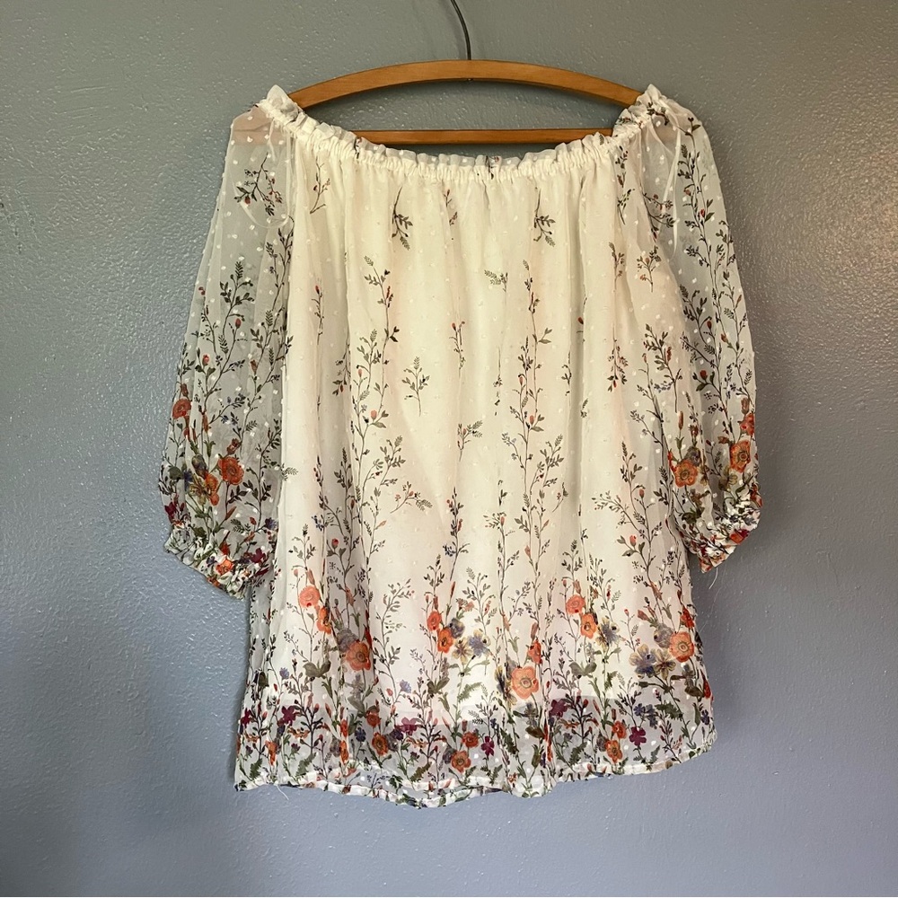 Sheer lined Floral Off-Shoulder Blouse - Cream